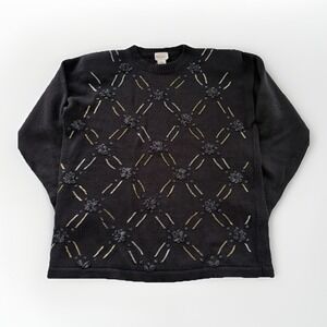 Vintage Bentley Women's Sweater Size L Black Beaded Ribbon Ramie Cotton Padded